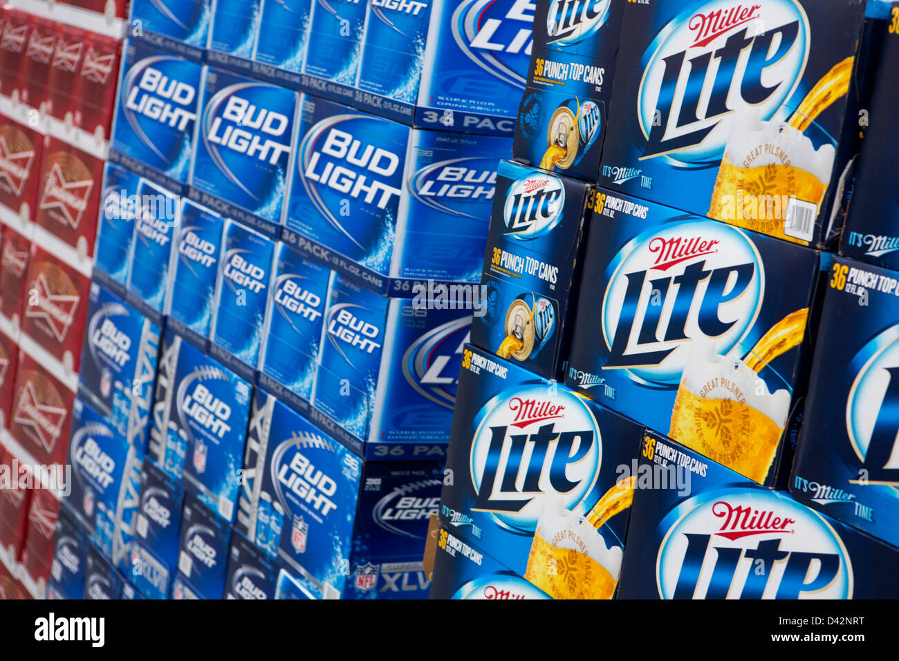 Budweiser, Bud Light and Miller Lite beer on display at a Costco Wholesale Warehouse Club. Stock Photo