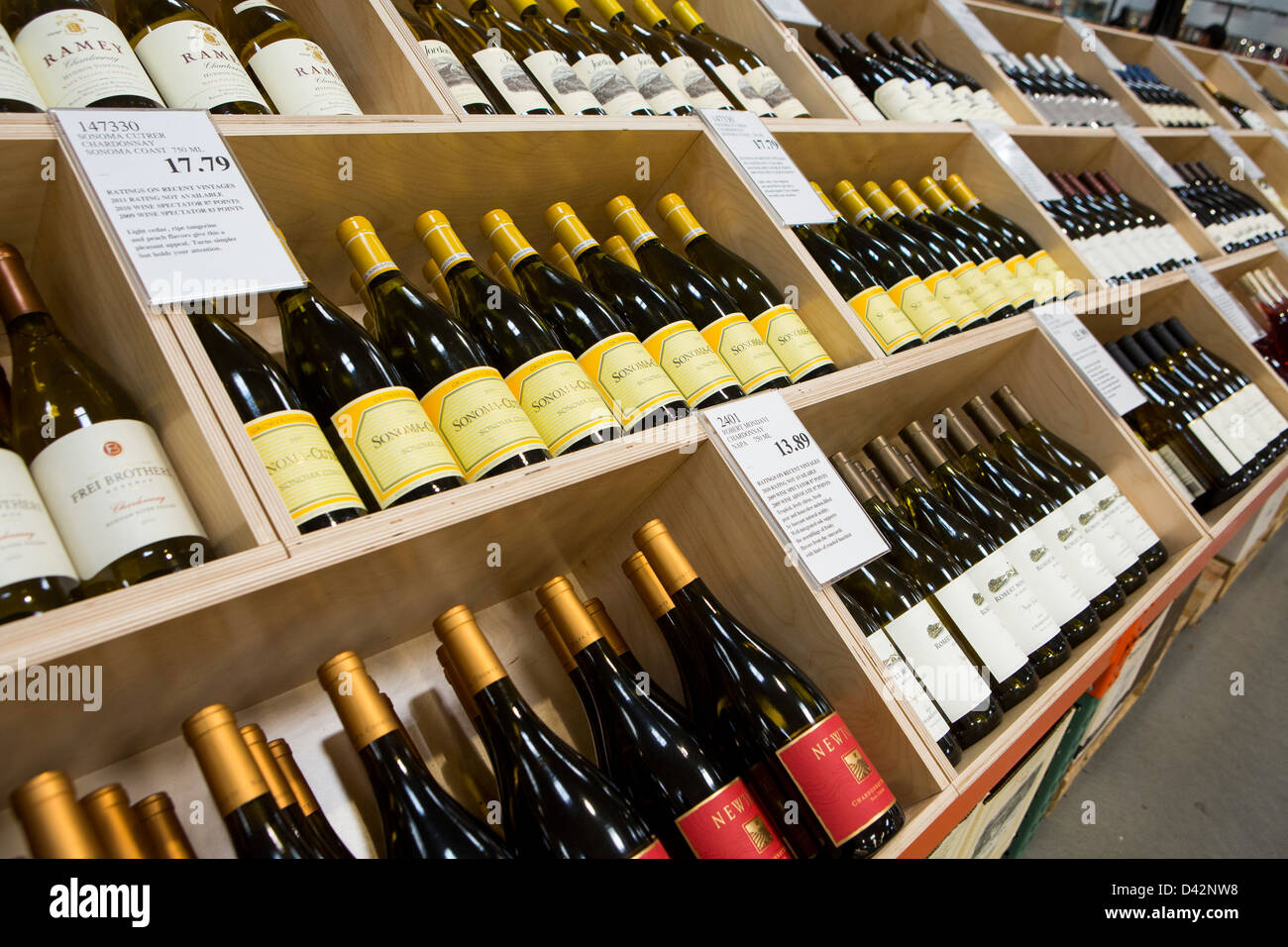 Wine on display at a Costco Wholesale Warehouse Club. Stock Photo