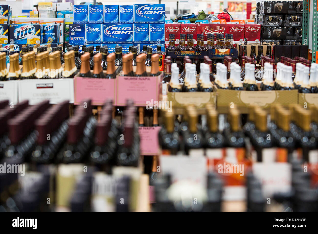 The beer, wine and liquor section of a Costco Wholesale Warehouse Club. Stock Photo