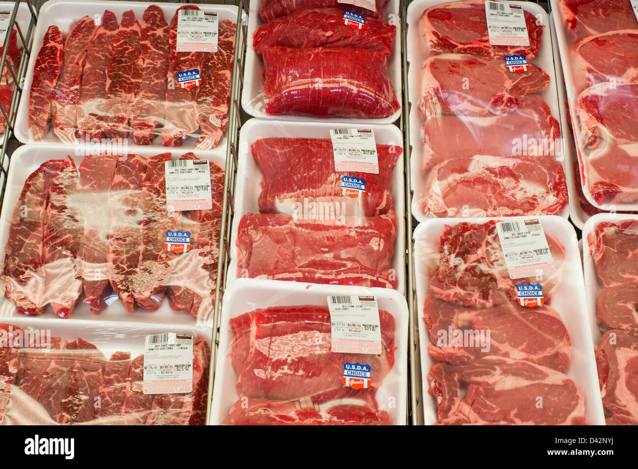 Beef products on display at a Costco Wholesale Warehouse Club. Stock Photo