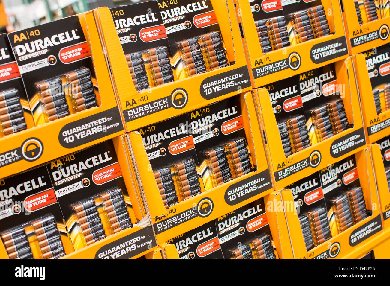 Duracell batteries on display at a Costco Wholesale Warehouse Club. Stock Photo