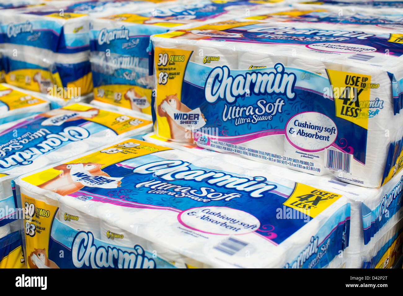 Charmin toilet paper on display at a Costco Wholesale Warehouse Club. Stock Photo