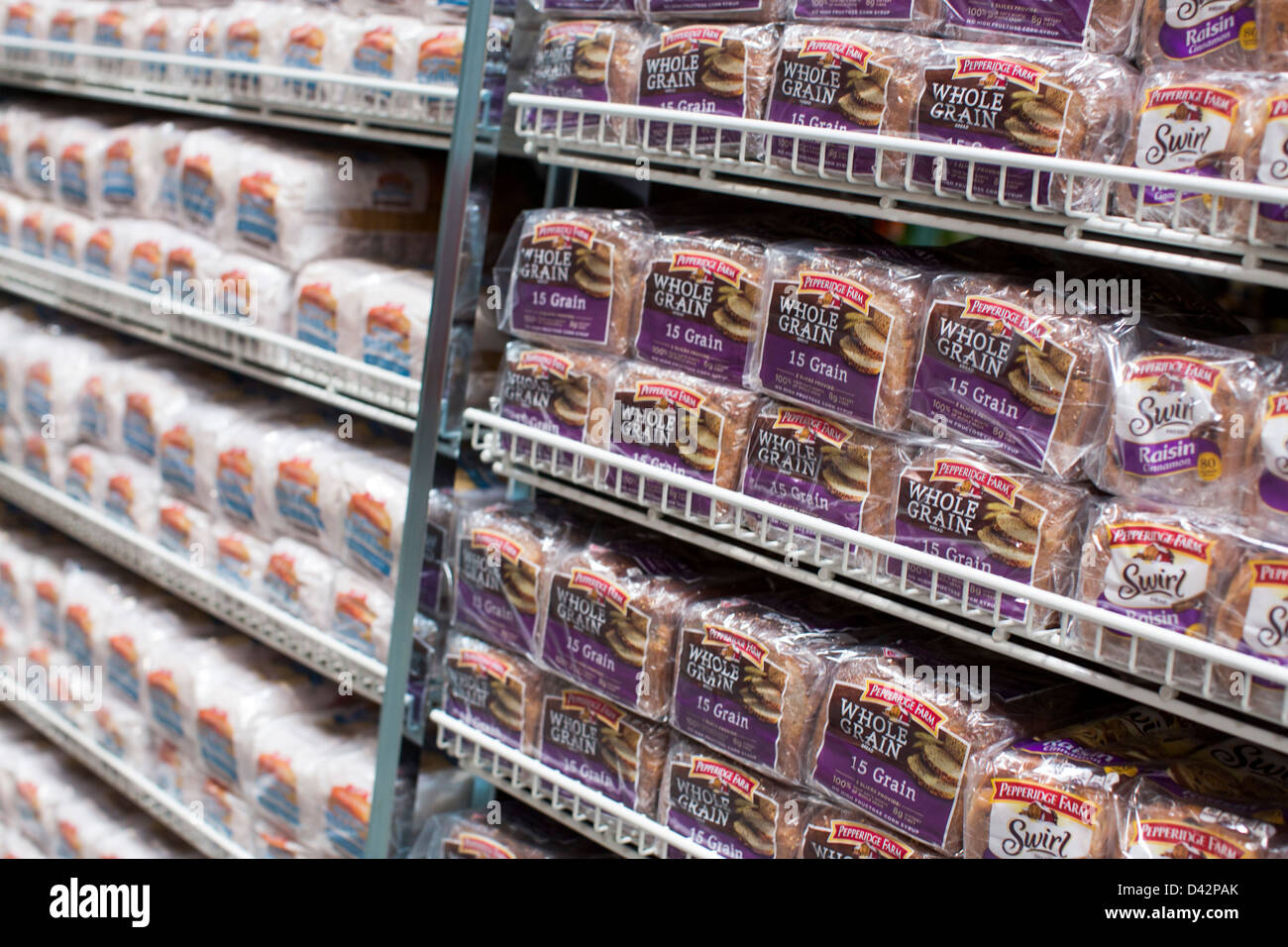 Pepperidge Farm whole grain bread on display at a Costco Wholesale Warehouse Club. Stock Photo