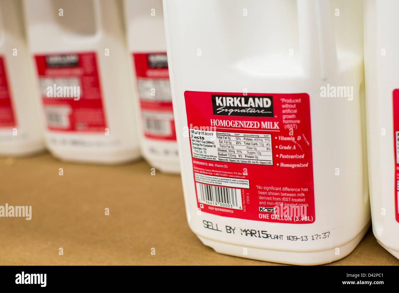 Kirkland milk on display at a Costco Wholesale Warehouse Club. Stock Photo