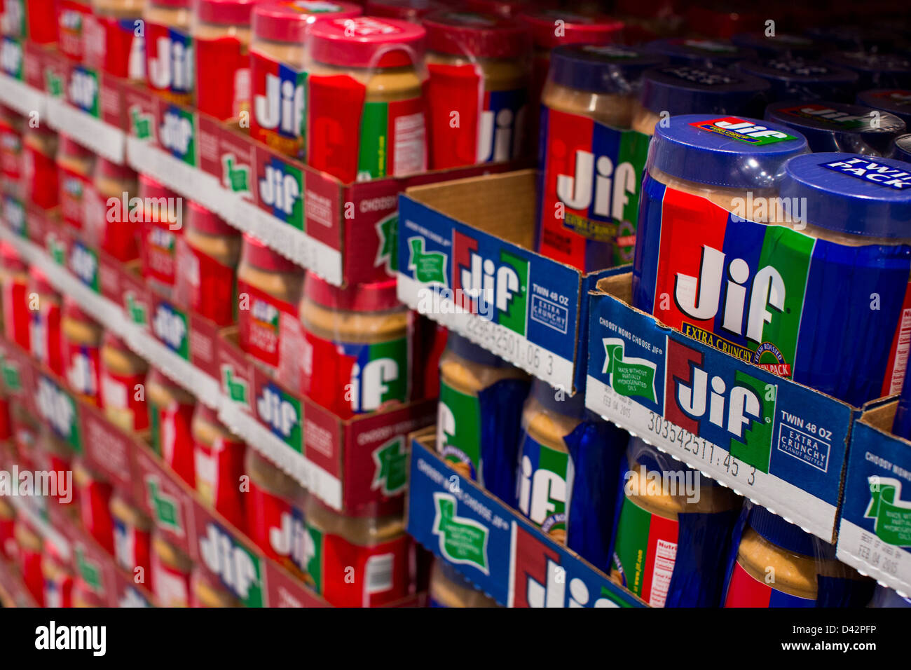 Jif peanut butter on display at a Costco Wholesale Warehouse Club. Stock Photo