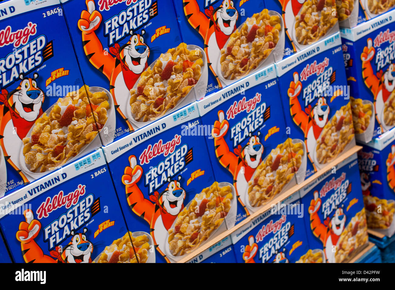 Kellog's Frosted Flakes cereal on display at a Costco Wholesale Warehouse Club. Stock Photo