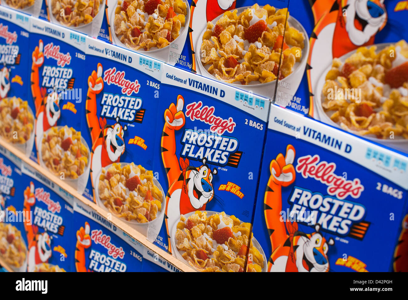 Kellog's Frosted Flakes cereal on display at a Costco Wholesale Warehouse Club. Stock Photo