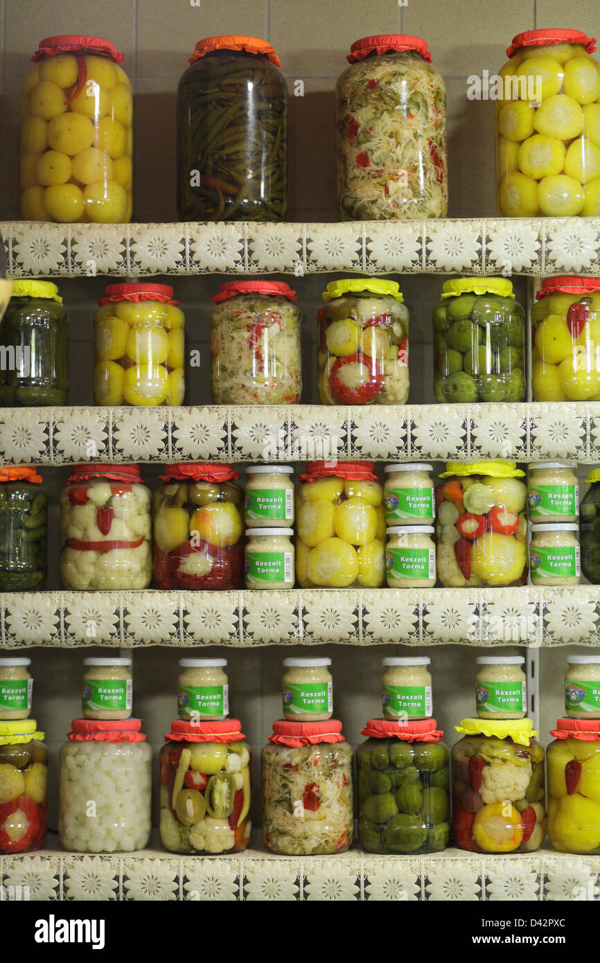 Budapest, Hungary, pickled vegetables in preserving jars Stock Photo