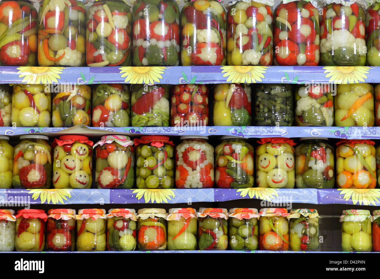 Budapest, Hungary, pickled vegetables in preserving jars Stock Photo