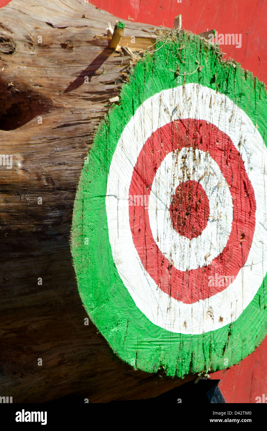 axe-throwing target at lumberjack show, Blue Hill Fair, Maine Stock Photo