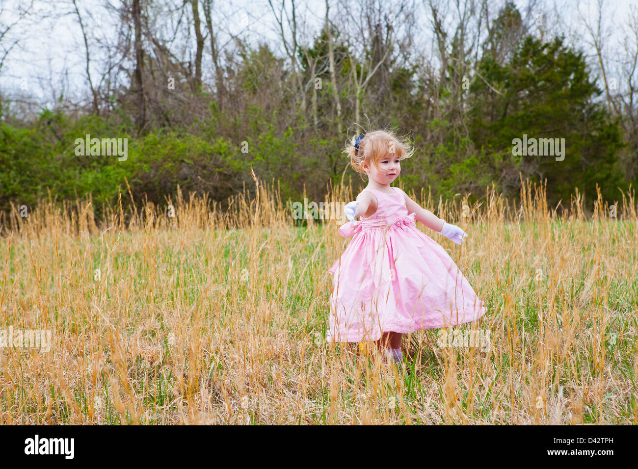 A little girl in a pink dress and white gloves, dancing in a field of ...