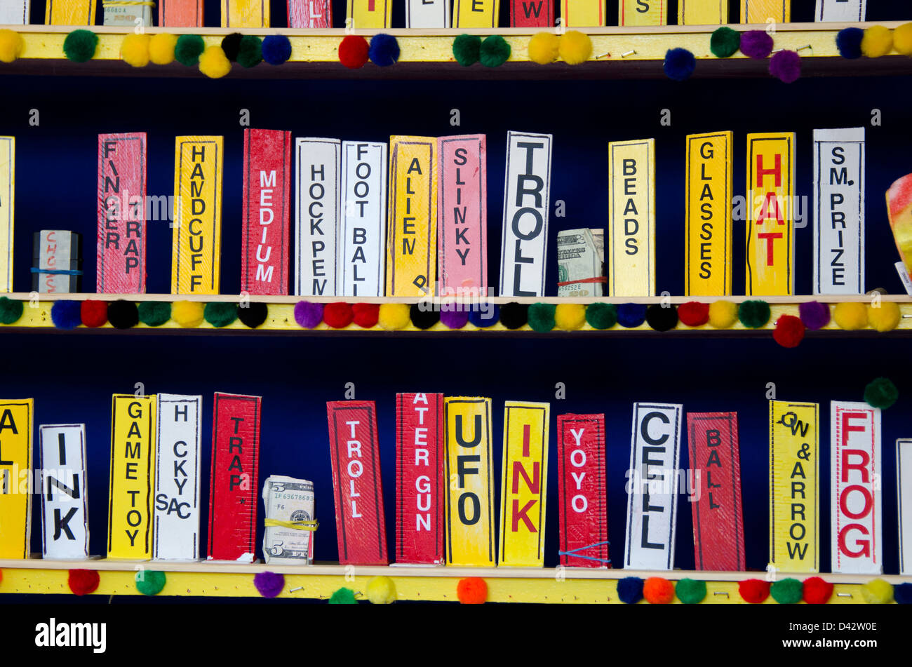 Close-up of prize tags, shooting game on the midway, Blue Hill Fair, Maine Stock Photo