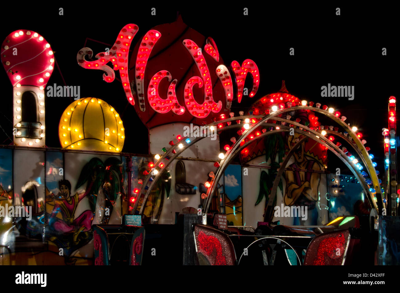 Colorful lights on a carnival ride after dark at the Blue Hill Fair