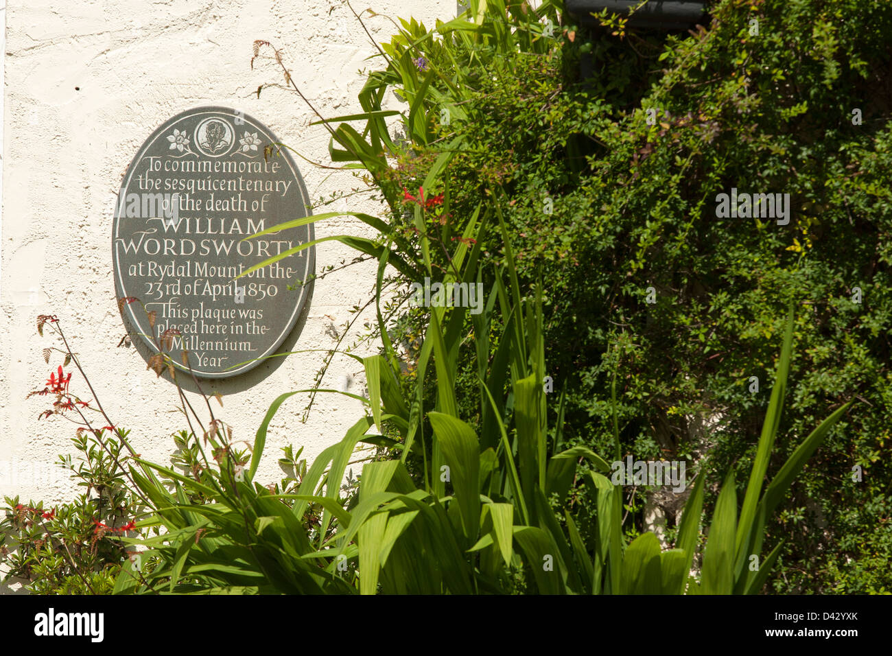 A plaque celebrates the home of William Wordsworth at Rydal Mount in the Cumbrian Lake Districts Stock Photo
