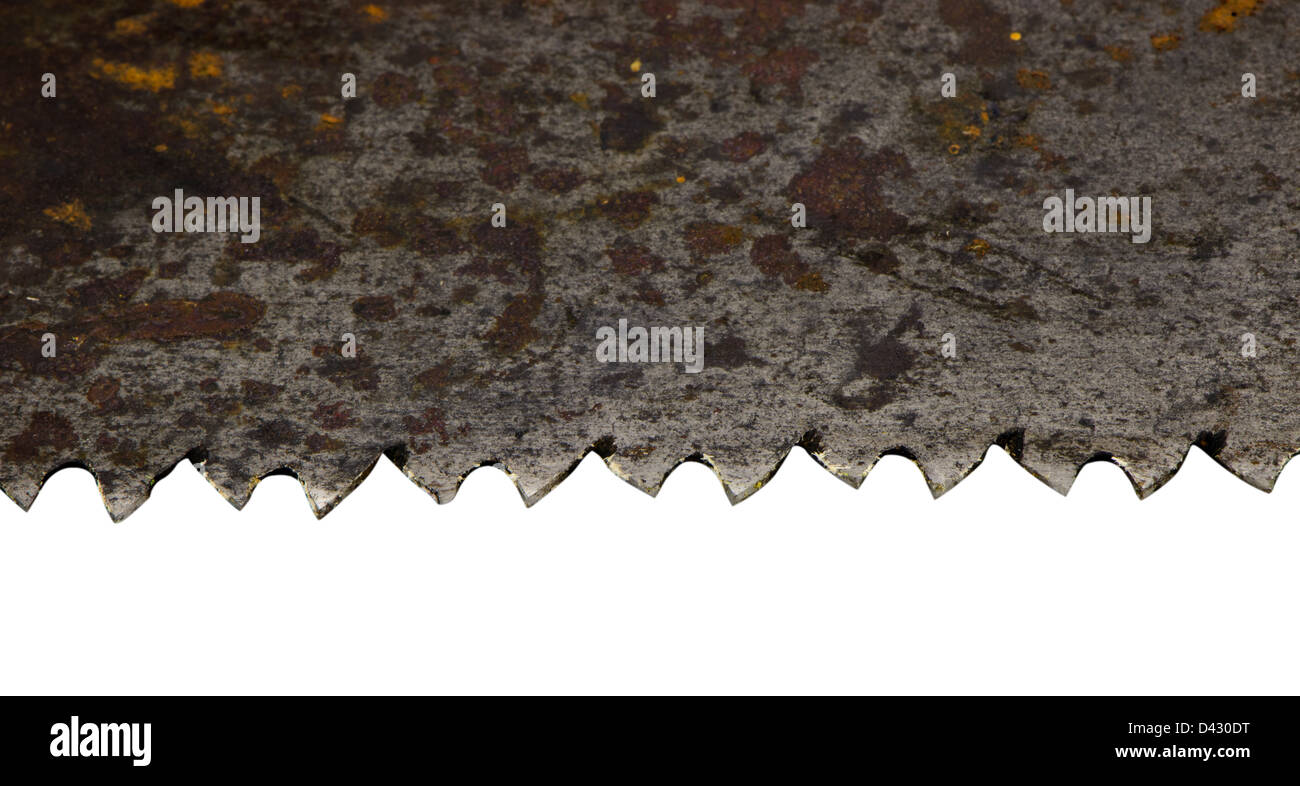 closeup of rusty retro hand saw metal blade isolated on white
