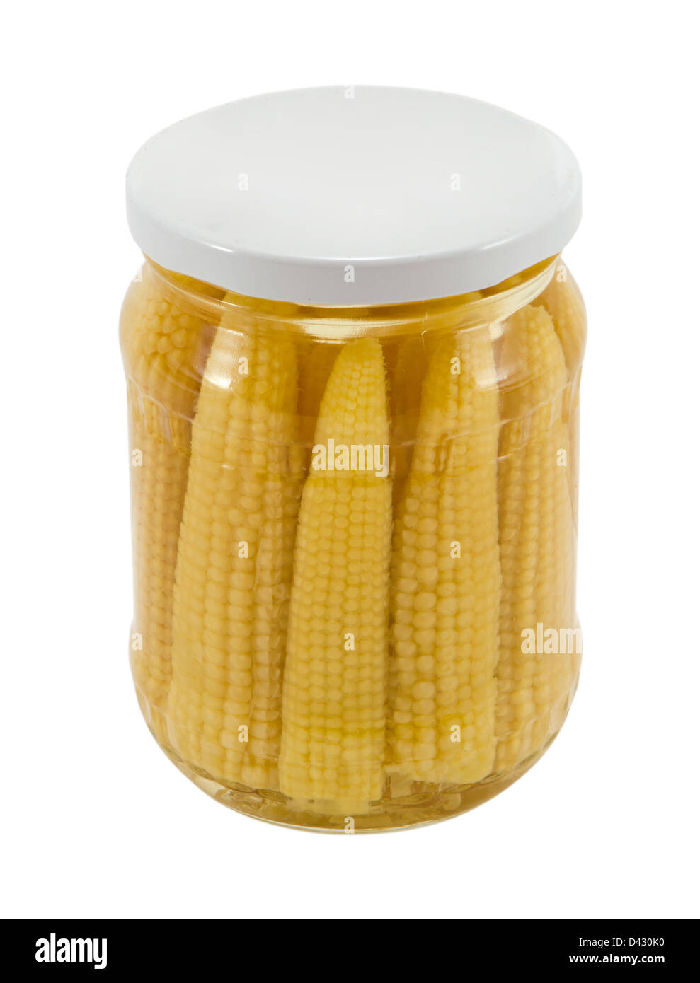 glass jar of preserved ecological natural healthy mini corn ears isolated on white background Stock Photo