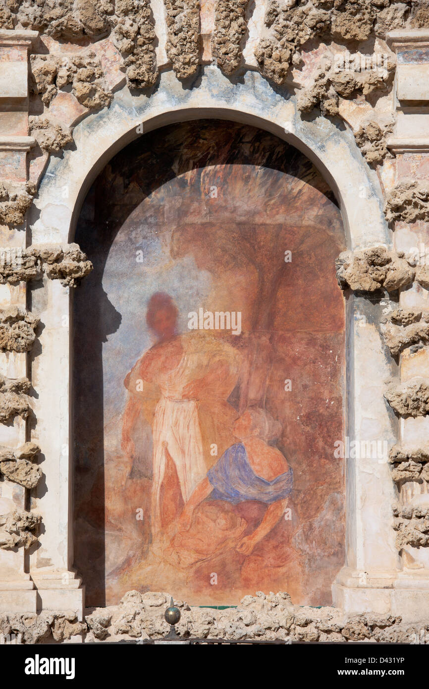 Old niche fresco of the Grotesque Gallery (Galeria del Grutesco) in Real Alcazar Garden of the Pond, Seville, Andalusia, Spain. Stock Photo