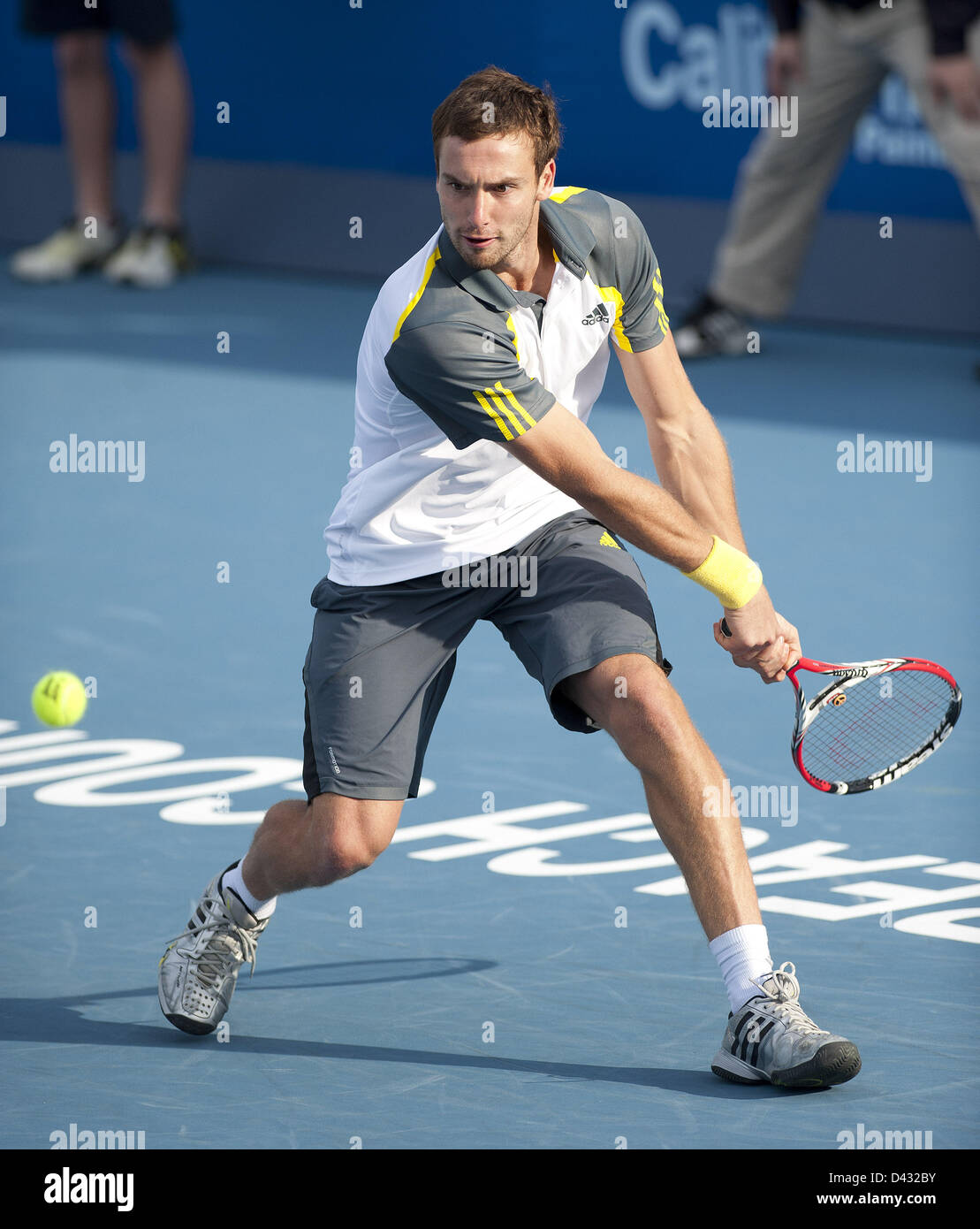 March 2, 2013 - Delray Beach, Florida, U.S. -  ERNESTS GULBIS (LAT) In action against former champion T. Haas (GER) at the Delray Beach International Tennis Championships (ITC) an ATP World Tour 250 series men's tennis tournament. Gulbis won 6-3, 4-6, 7-6(2) and awaits to see who his opponent will be in the finals. (Credit Image: © Andrew Patron/ZUMAPRESS.com) Stock Photo