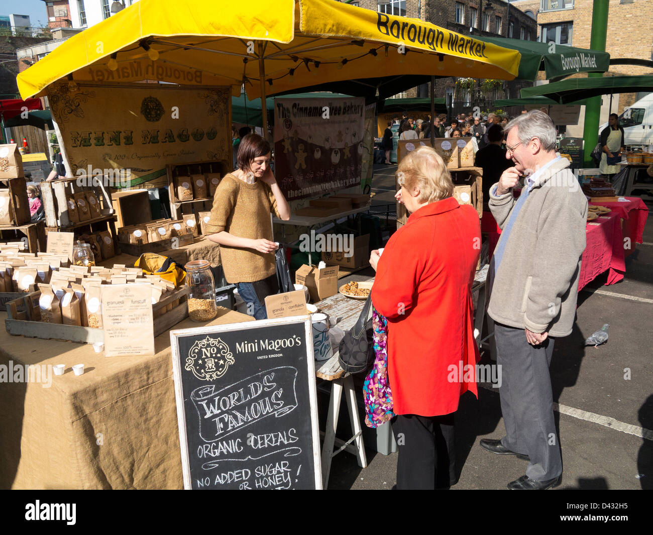 Stall selling organic cereals in Borough Market, London Stock Photo