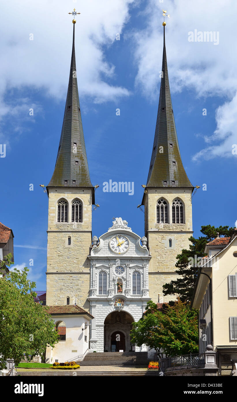 Hofkirche cathedral in Luzern is known as the Church of St. Leodegar. Switzerland Stock Photo