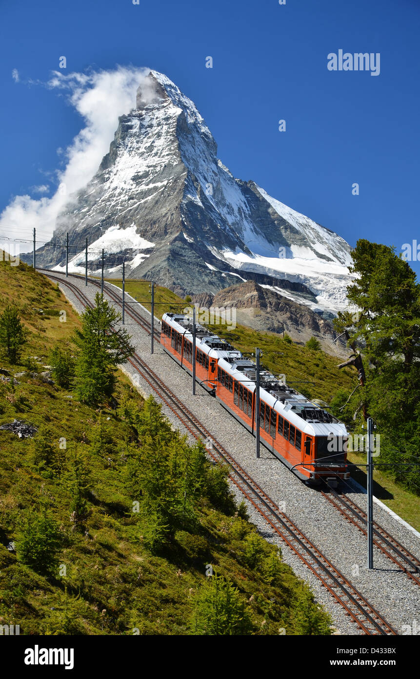 The Gornergratbahn is long gauge mountain rack railway. It leads from Zermatt (1604 m), up to the Gornergrat. Stock Photo