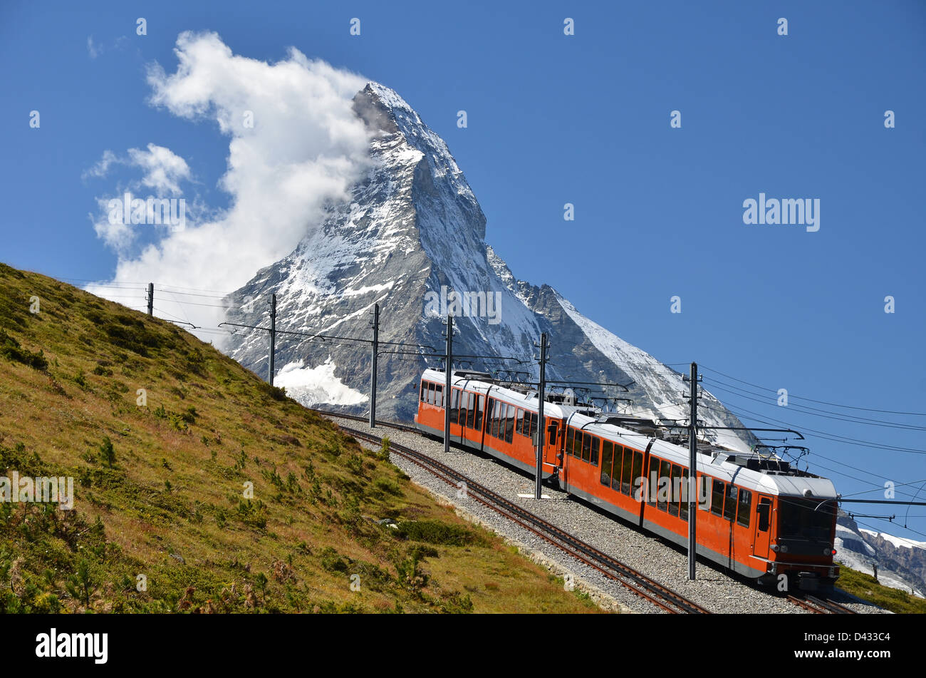 Gornergratbahn train in Switzerland, Matterhorn landscape in Zermatt. Stock Photo