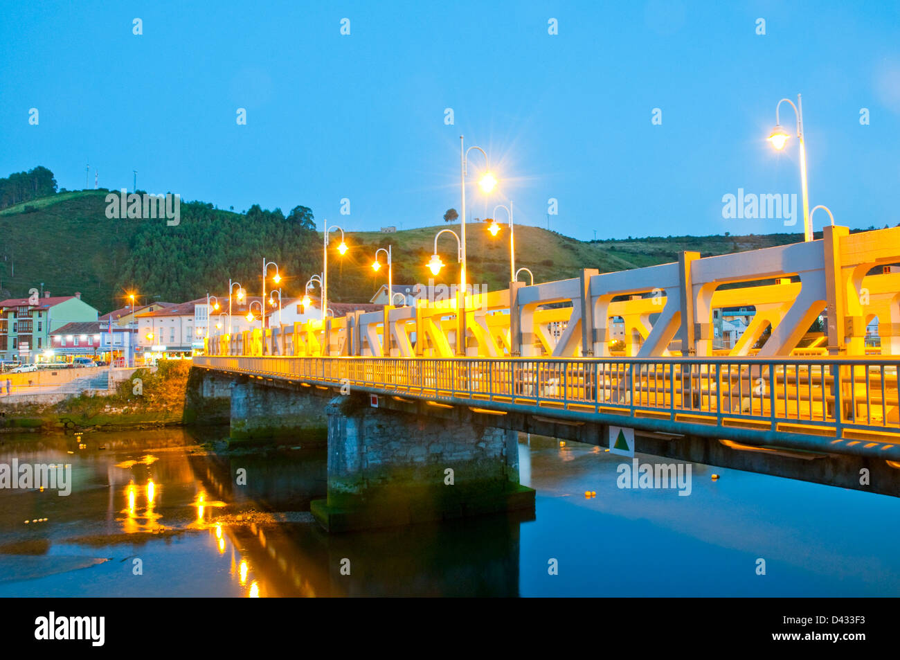 Bridge over river Deva, night view. Bustio, Asturias, Spain. Stock Photo