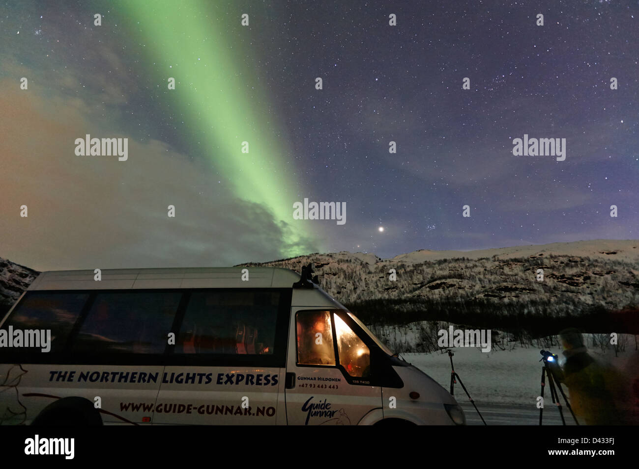 northern lights aurora borealis guided tour vehicle near tromso in northern norway europe Stock Photo