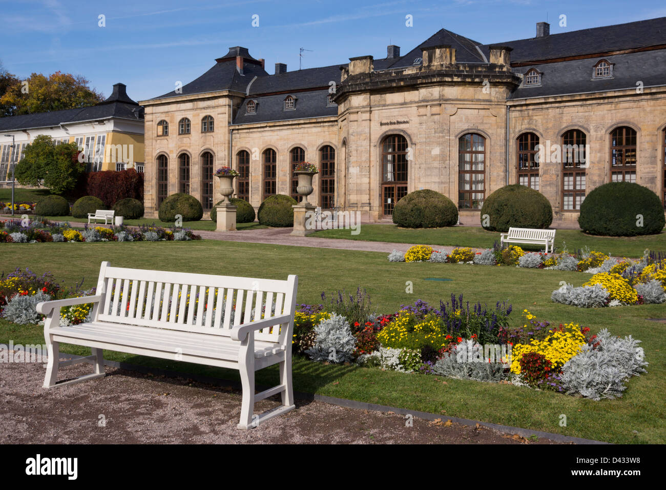 Orangery and baroque garden of Schloss Friedenstein castle, Gotha, Thuringia, Germany, Europe Stock Photo