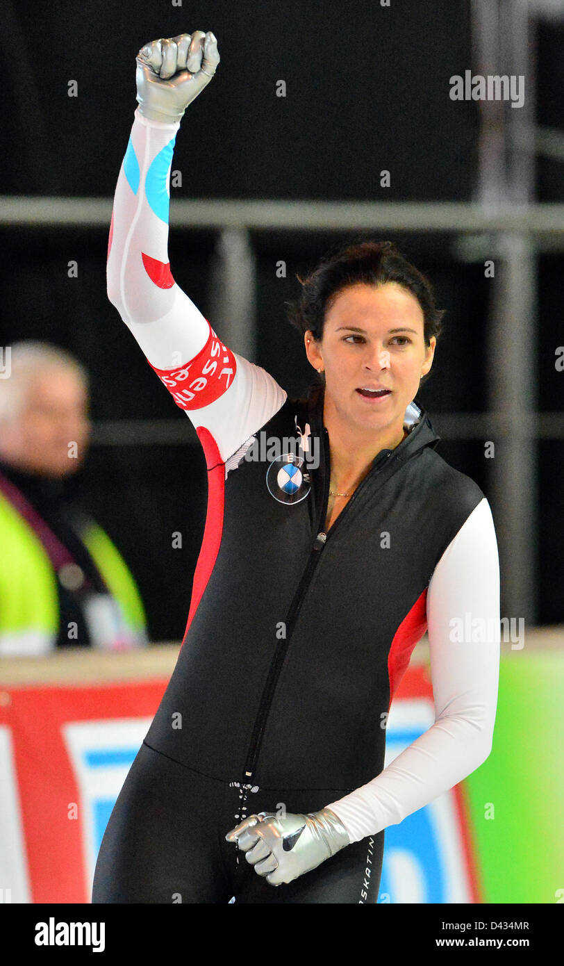 US speed skater Brittany Bowe reacts after winning the 1000 m race of