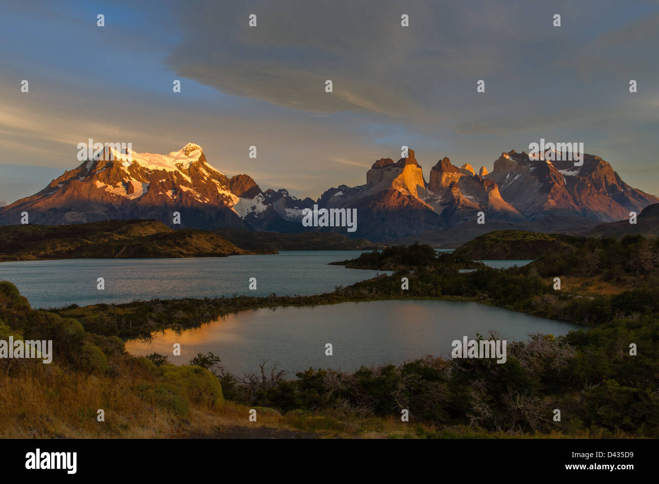 Beautiful panoramic dawn view of the snow-capped mountains of Torres del Paine, Patagonia Stock Photo