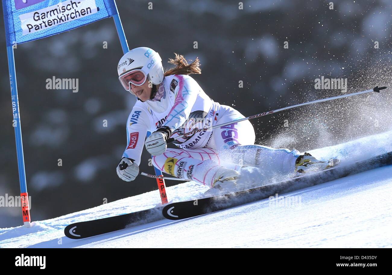 USA's Julia Mancuso races down the slope during the Super-G competition of the Alpine Skiing World Cup in Garmisch-Partenkirchen, Germany, 03 March 2013. Photo: KARL-JOSEF HILDENBRAND Stock Photo