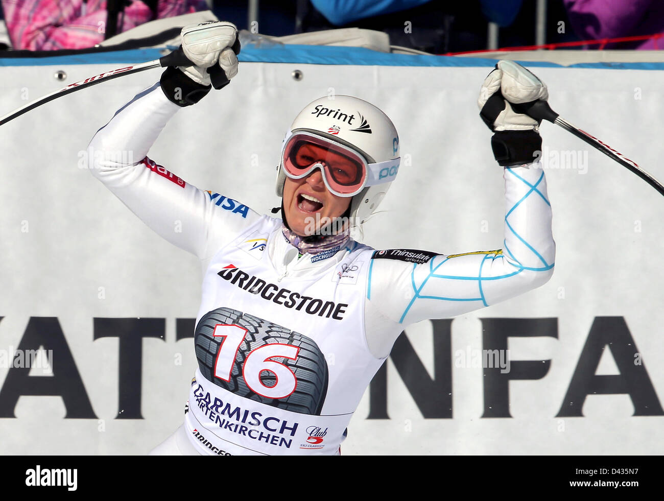 USA's Julia Mancuso cheers after the Super-G competition of the Alpine Skiing World Cup in Garmisch-Partenkirchen, Germany, 03 March 2013. Photo: STEPHAN JANSEN Stock Photo
