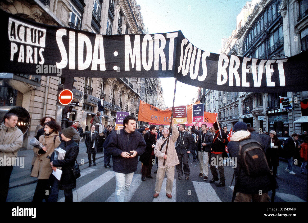 PARIS, France, Act Up-Paris, N.G.O. Association AIDS, HIV, with Banner Reading' AIDS: Death Under Patent' (for funding of Generic Drugs in Developing World), at Anti-Globalisation Demo, Organized by ATTAC Group, big pharma protests, aids activism, demonstration activism france Stock Photo