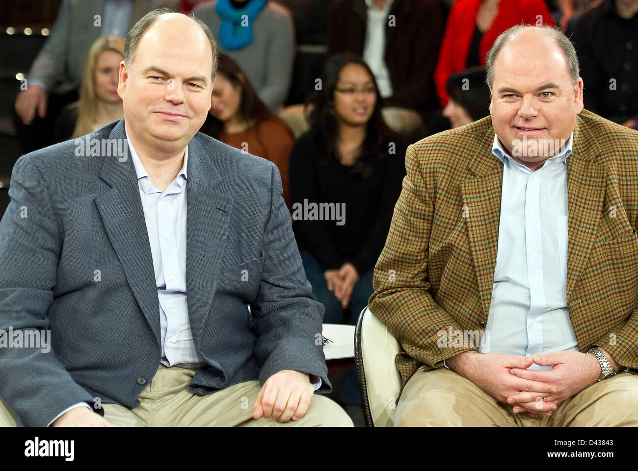 Peter (L) and Walter Kohl, sons of former German chancellor Helmut Kohl, appear on the German TV talk show Markus Lanz in Hamburg, Germany, 28 March 2013. Photo: Axel Heimken Stock Photo