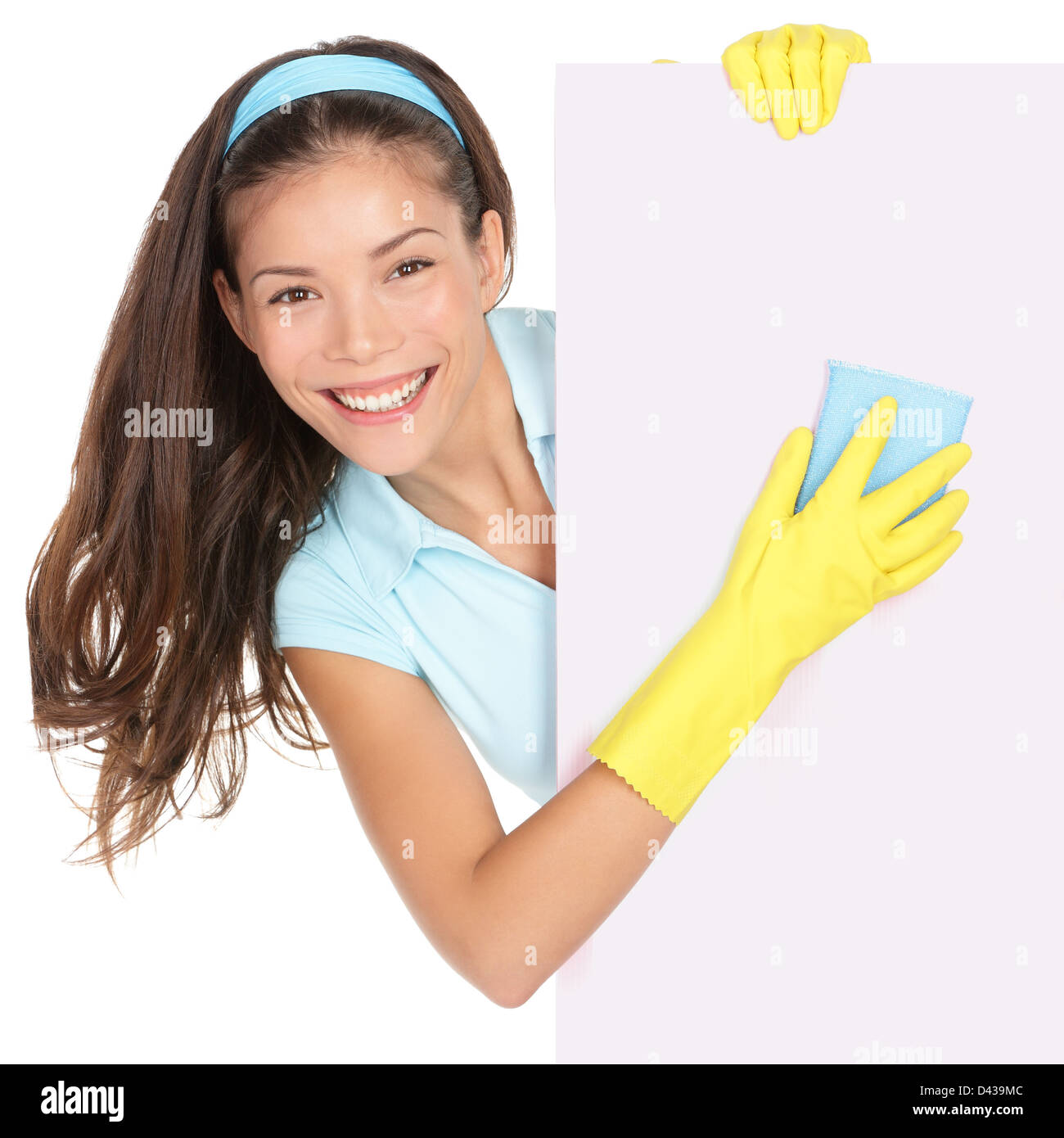 Portrait of happy multiracial Chinese Asian / Caucasian young woman cleaning sign c isolated on white background Stock Photo