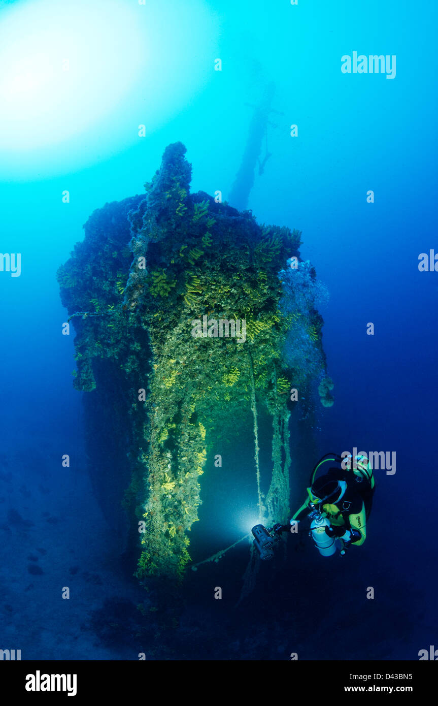 Bow of shipwreck Francesca di Rimini and scuba diver, Island Kaprije, Sibenik, Vodice, Croatia,  Mediterranean Sea Stock Photo