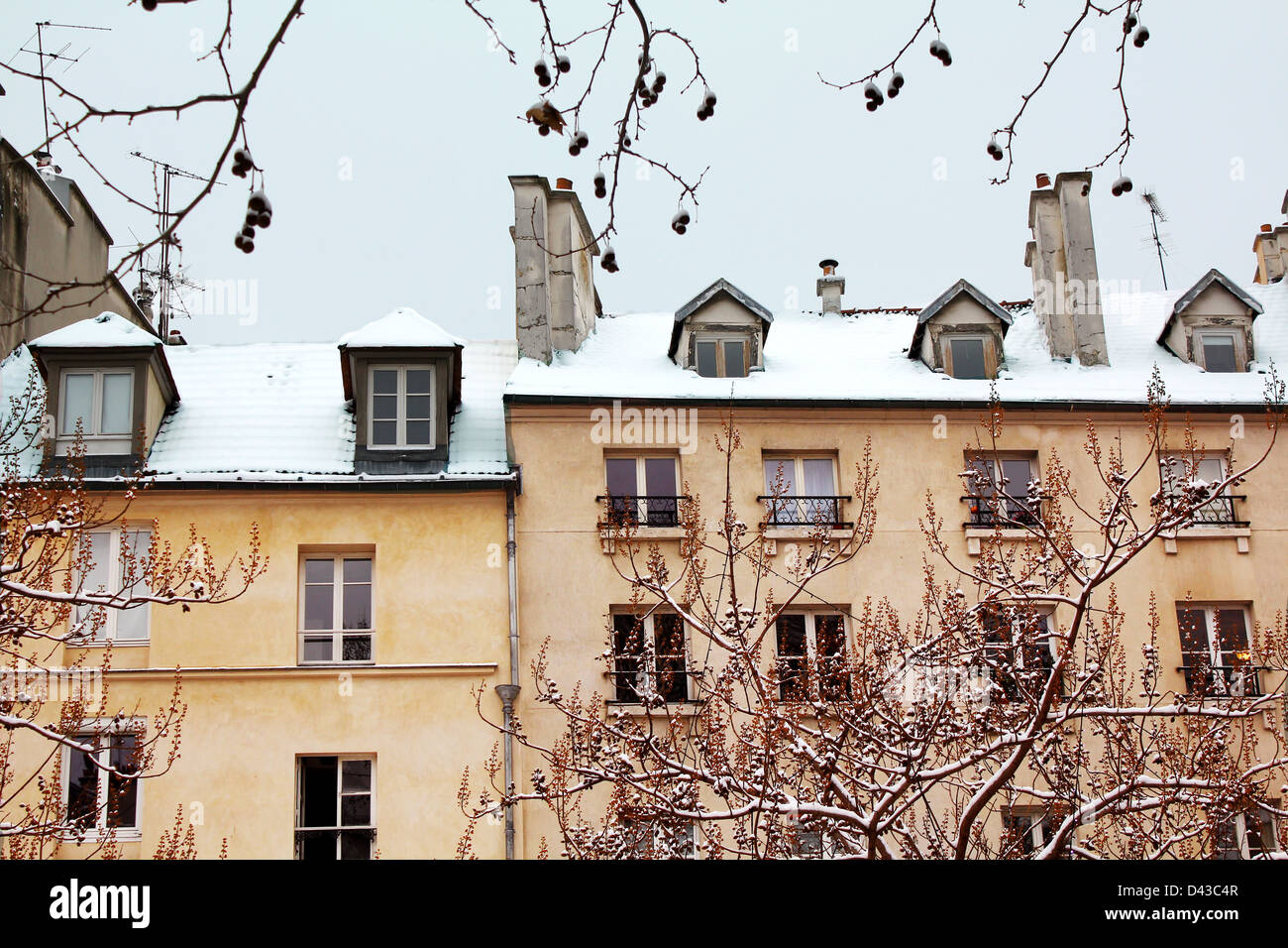 Parisian buildings covered with snow against grey winter sky. Top mansarded floor is reserved for 'chambres de bonnes'. Stock Photo
