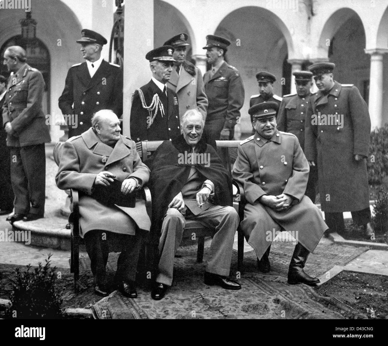 US President Franklin D. Roosevelt (center) sits with British Prime Minister Winston S. Churchill and Soviet Premier Josef Stalin (right) during the Yalta Conference to decide Europe's post-war reorganization at the Livadia Palace February 1945 in Yalta, Crimea. Stock Photo