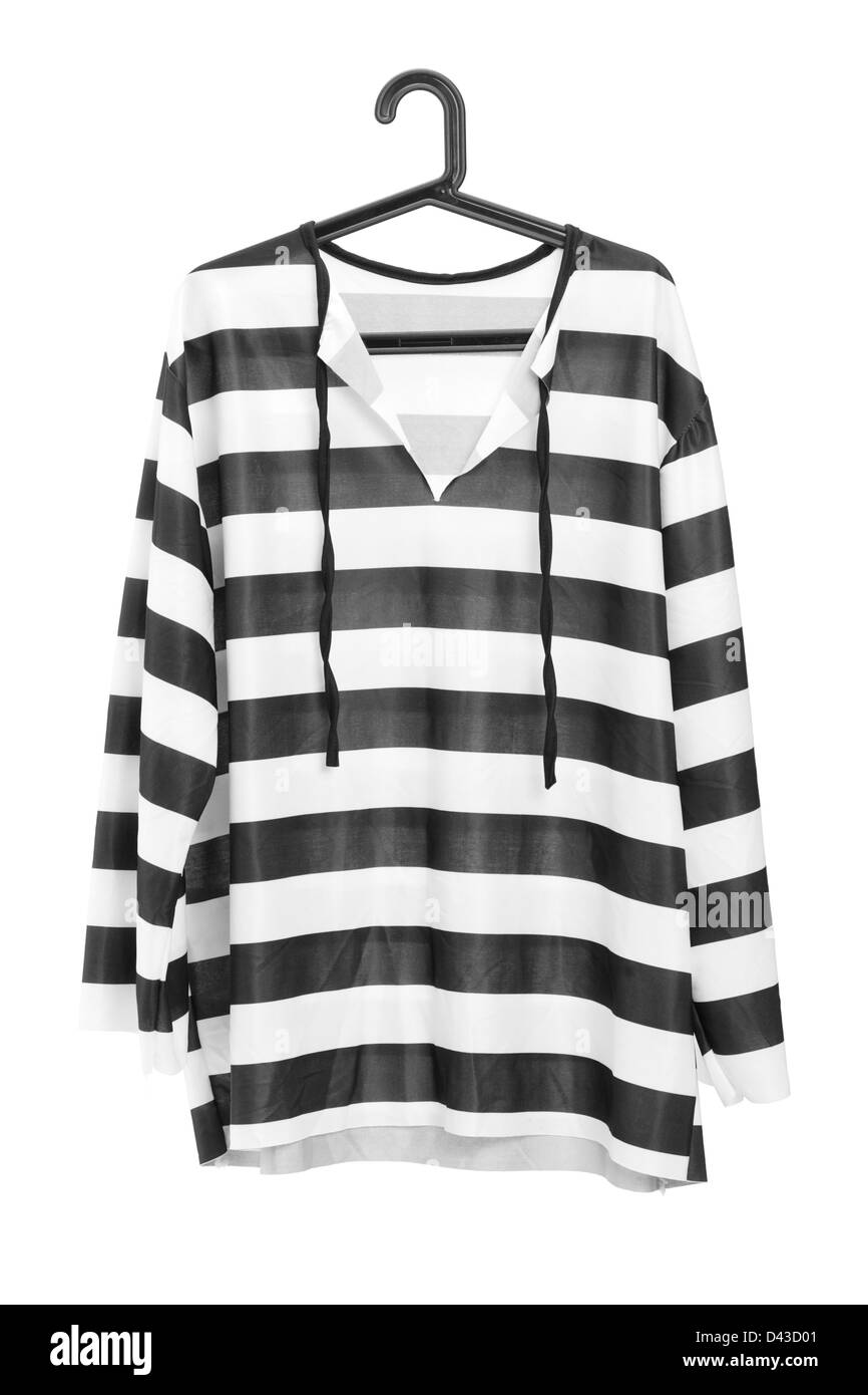 Black and white striped prison uniform on a hanger isolated on white background Stock Photo