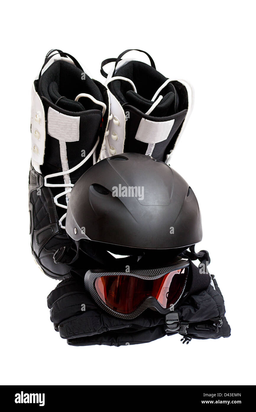 Ski helmet, goggles, gloves, boots on a white background Stock Photo