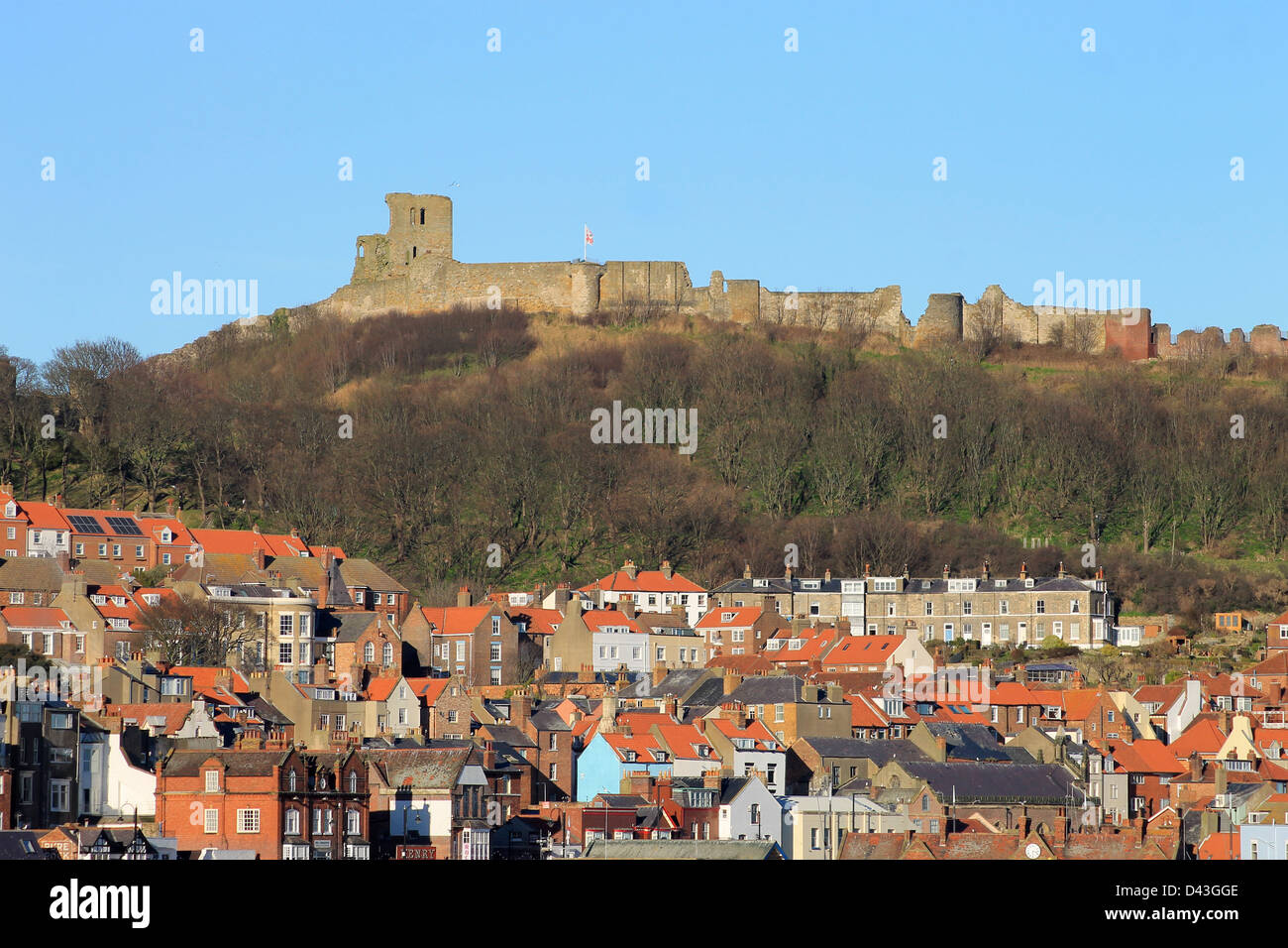 Scenic view of Scarborough Castle and Old town, England. Stock Photo