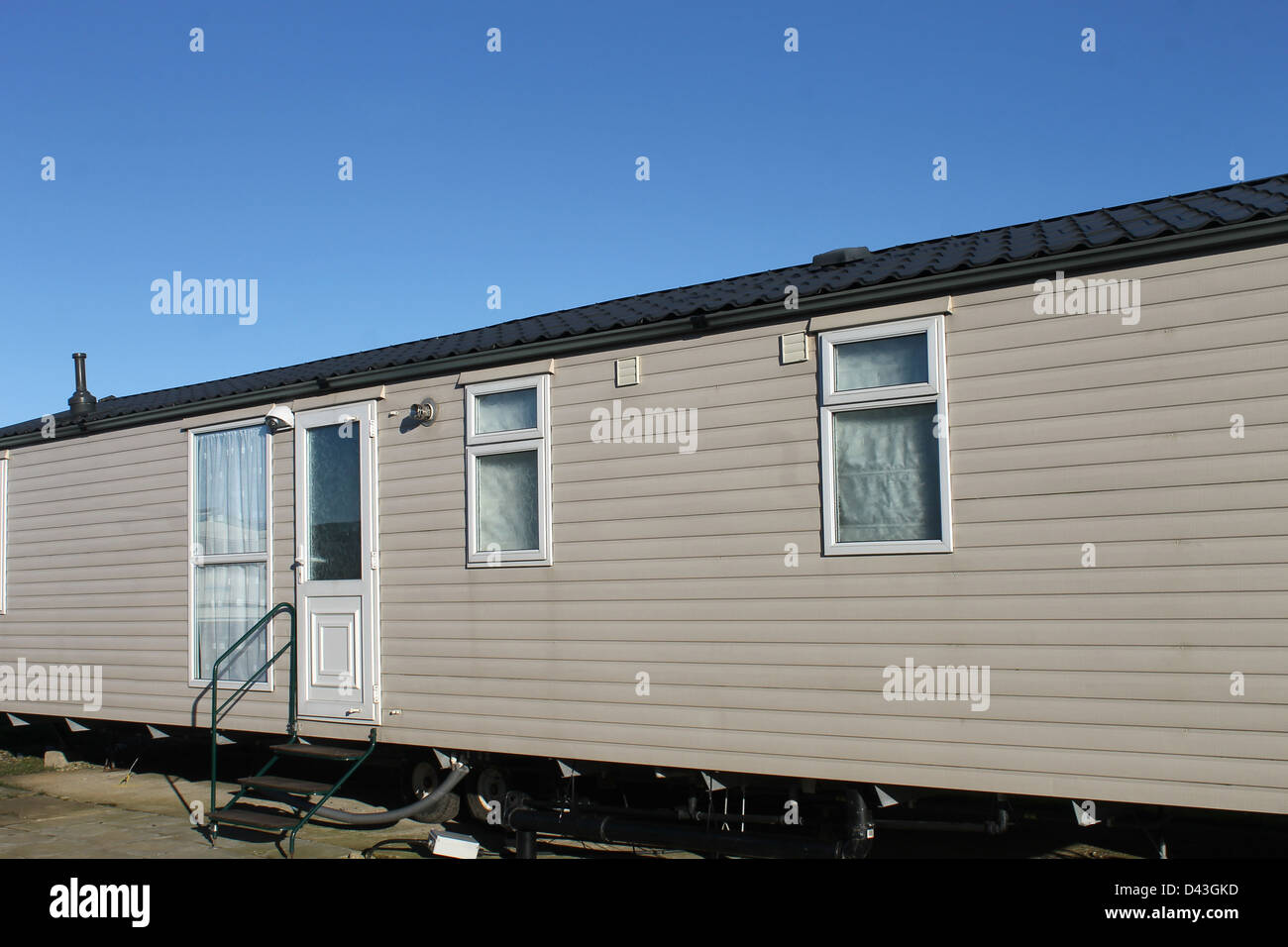 Exterior of trailer home in caravan park. Stock Photo