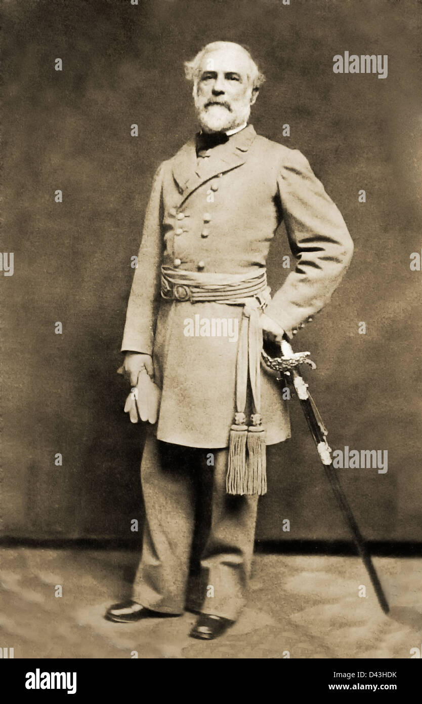 US Confederate General Robert Edward Lee portrait in uniform with sash and sword from 1863. Stock Photo
