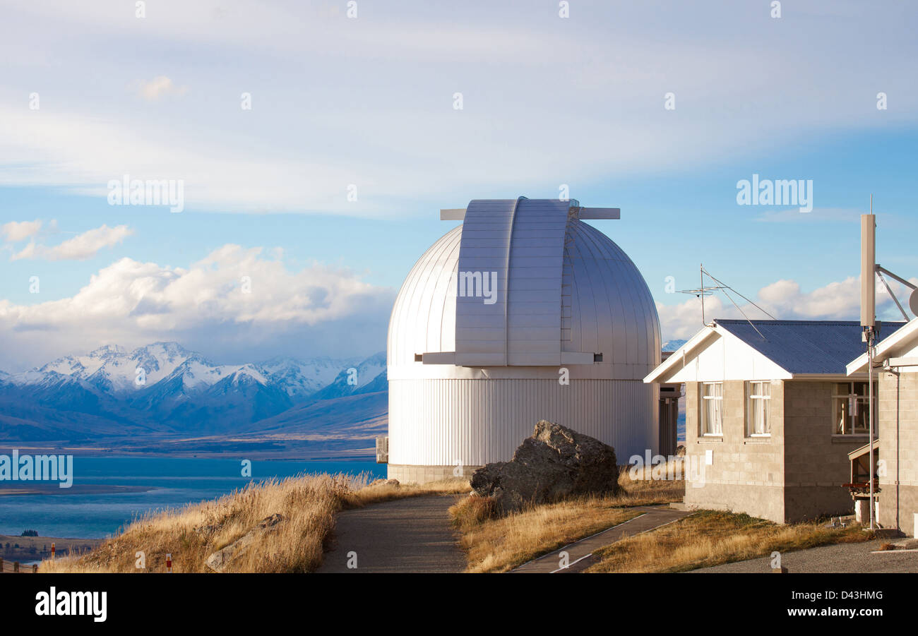 Mount John's Observatory at Mt John in autumn season near Tekapo lake Southern Alps mountain valleys New Zealand Stock Photo