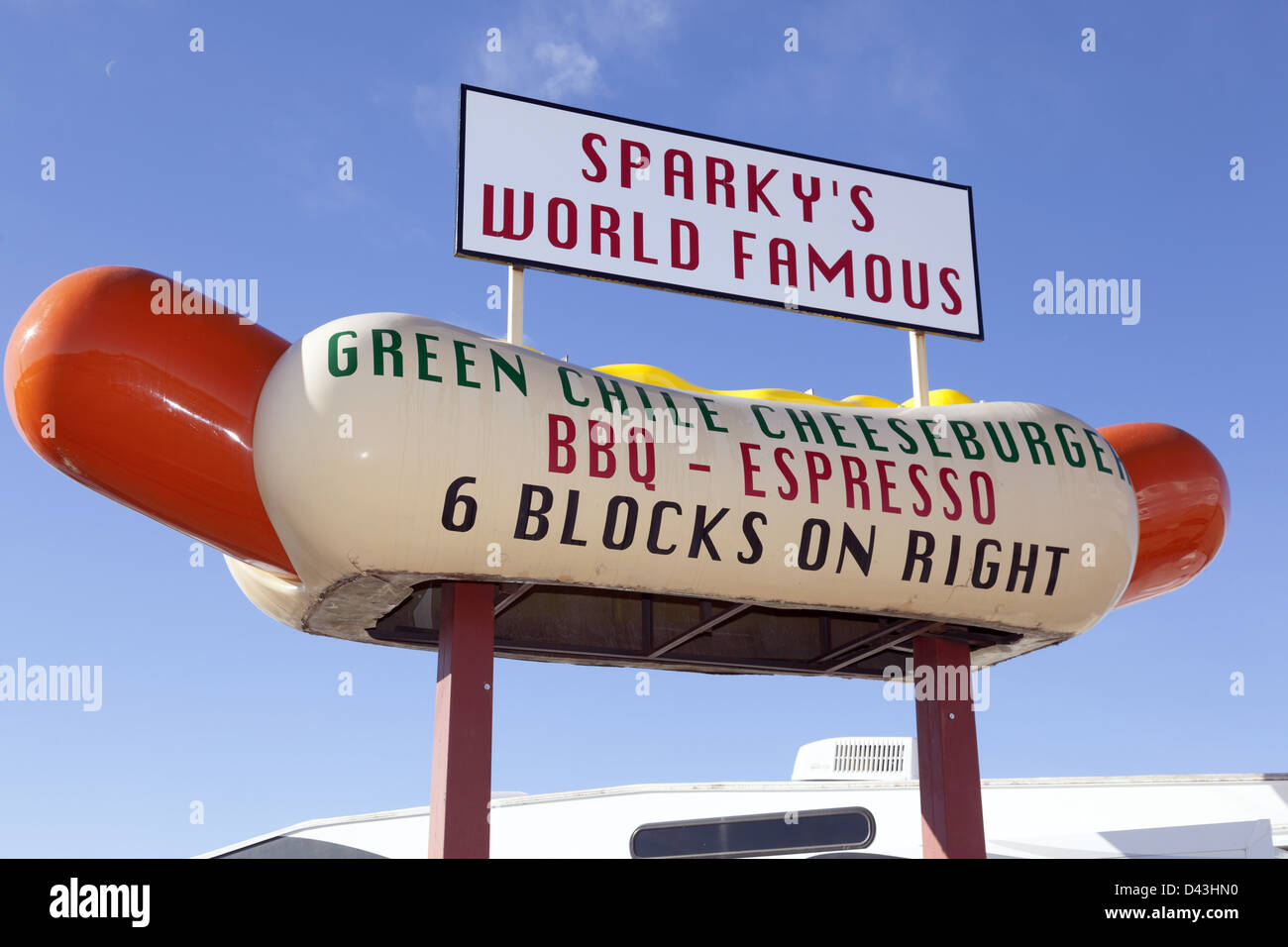 Sparkys enormous fibre glass hot dog billboard in Hatch New Mexico USA Stock Photo