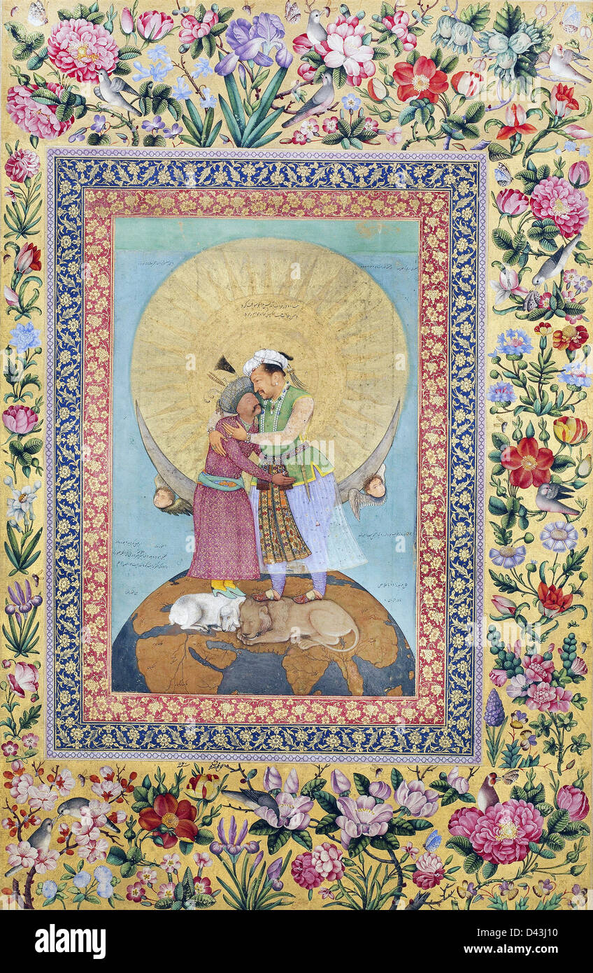 Abu'l Hasan, Allegorical representation of Emperor Jahangir and Shah. The St. Petersburg Album. Circa 1618 Watercolor. Stock Photo