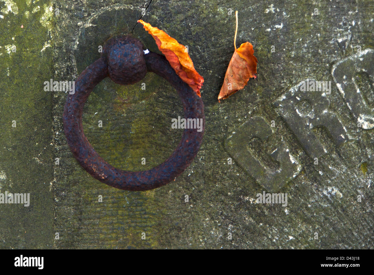 Rusty handle on the tombstone end two yellowed leaves Stock Photo