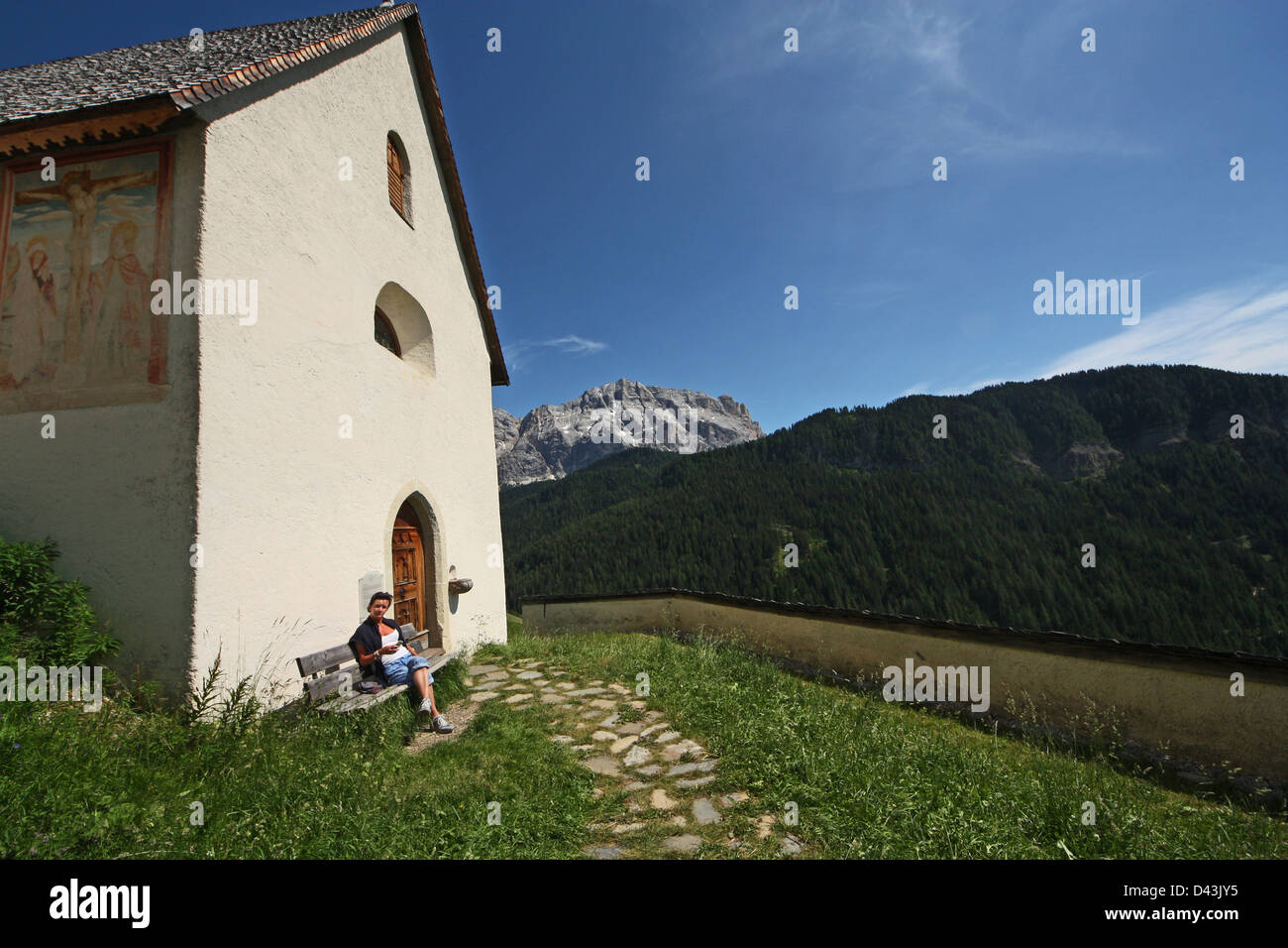 Val Badia Mountain, Gadertal, Alto Adige, Italy,Church Stock Photo