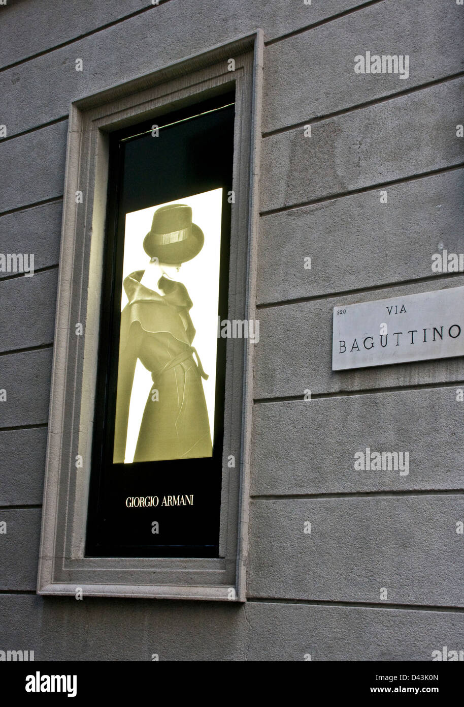 Giorgio Armani Illuminated womens fashion advert Via Baguttino Milan Lombardy Italy Europe Stock Photo